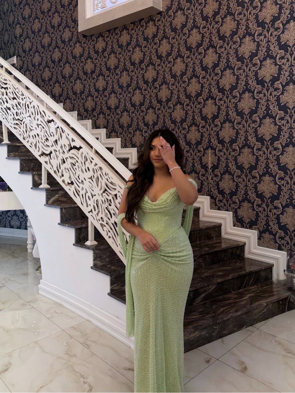 Elegant Light Green Draped Evening Gown